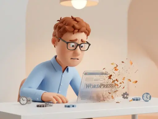 Mann mit Brille betrachtet besorgt ein zerfallendes WordPress-Theme-Interface, umgeben von veralteten Plugin-Icons auf einem Schreibtisch.