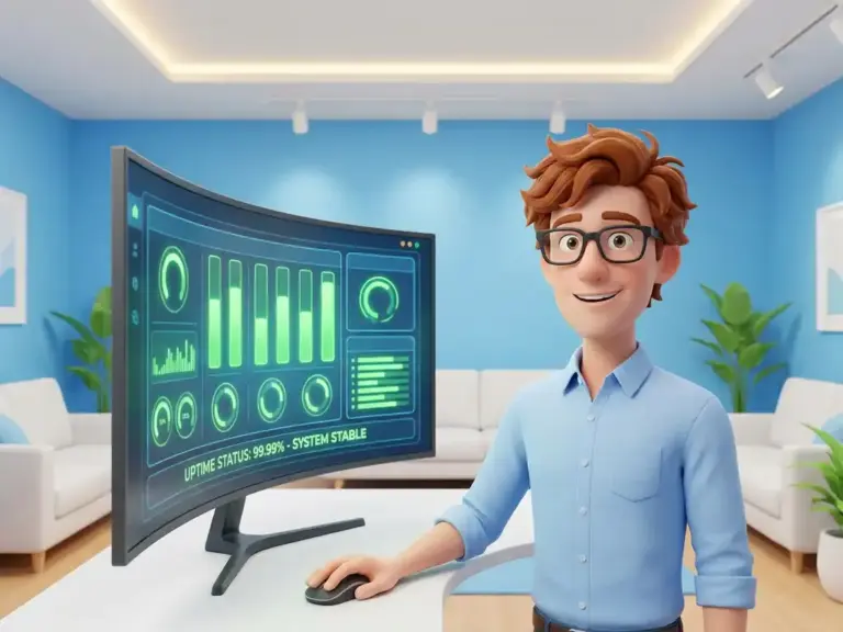 Cartoon-Figur mit Brille überwacht grünes Uptime-Dashboard in modernem Web-Agentur-Büro.