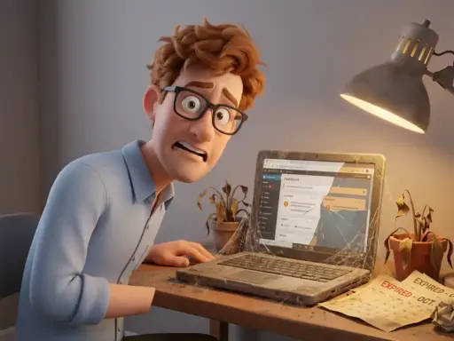 Cartoon-Mann mit Brille schaut alarmiert auf verstaubten Laptop mit WordPress-Dashboard, verwelkte Pflanzen und abgelaufene Kalenderseiten auf dem Schreibtisch.