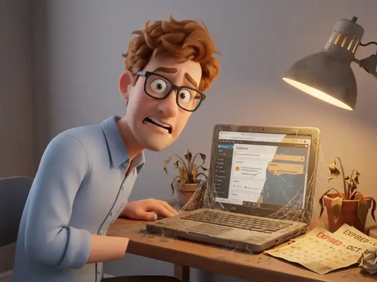 Cartoon-Mann mit Brille schaut alarmiert auf verstaubten Laptop mit WordPress-Dashboard, verwelkte Pflanzen und abgelaufene Kalenderseiten auf dem Schreibtisch.