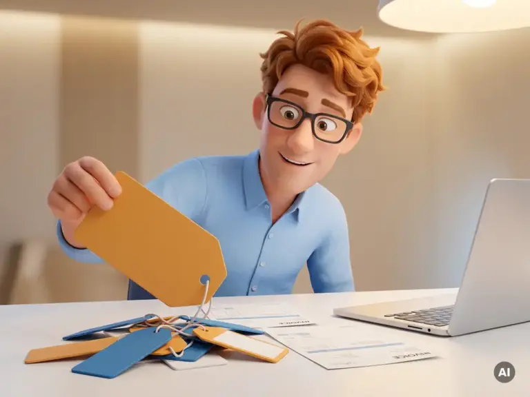 Cartoon-Mann mit Brille hebt großes Preisschild an und enthüllt versteckte Kosten, umgeben von Rechnungen und Laptop auf weißem Schreibtisch.