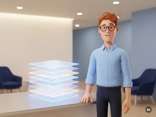 3D-Cartoon-Figur mit Brille und blauem Hemd neben einem leuchtenden, gestapelten Vorlagensystem in modernem Arbeitsbereich.