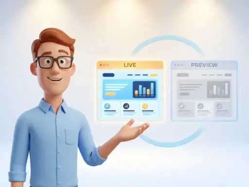 Lächelnde 3D-Cartoon-Figur mit Brille neben zwei schwebenden Browser-Fenstern, die Live- und Vorschau-Ansicht einer Website zeigen.