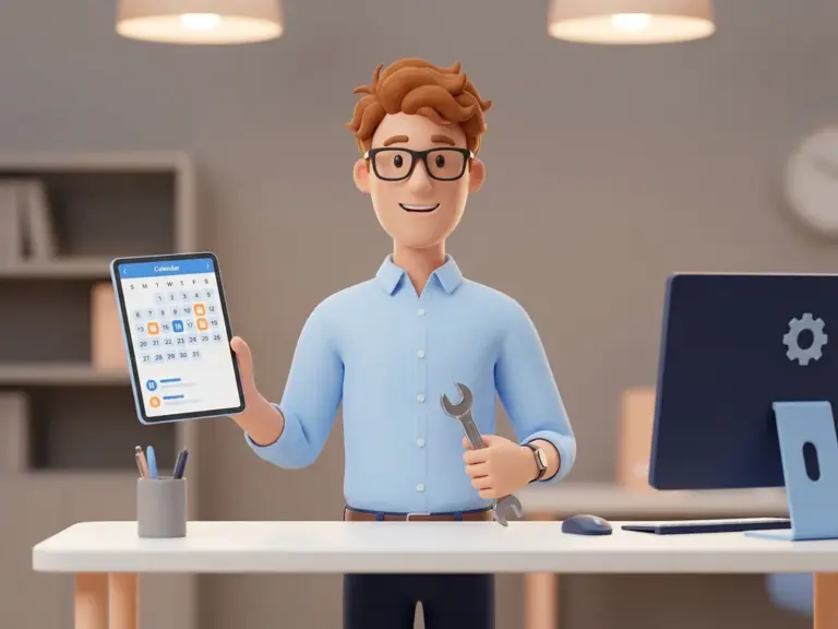 Cartoon-Figur mit Brille hält Kalender und Schraubenschlüssel – Symbol für wiederkehrende Wartung vs. einmalige Reparatur.