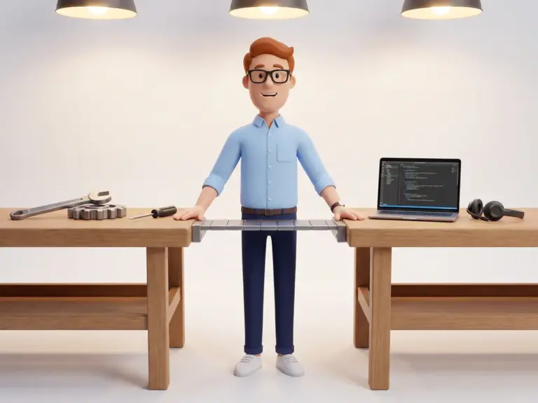 3D-Cartoon-Figur mit Brille und hellblauem Hemd zwischen zwei Werkbänken mit Wartungswerkzeug und Support-Headset.