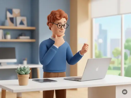 3D-Cartoon-Figur mit auburn Haaren und Brille am weißen Schreibtisch, hält Visitenkarte neben Laptop in modernem Web-Agentur-Büro.