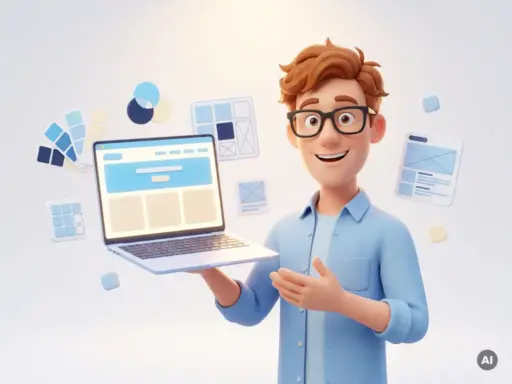 3D-Cartoon-Figur mit Brille zeigt auf leuchtendes Laptop mit Website-Layout, umgeben von Webdesign-Elementen wie Farb- und Rastermustern.