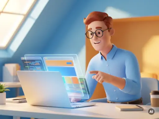 3D-Cartoon-Entwickler mit Brille und hellblauem Hemd zeigt auf überlagerte Website-Design-Ebenen auf einem leuchtenden Laptop.
