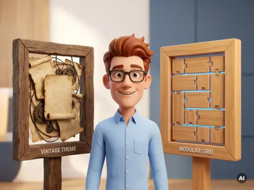 Cartoon-Figur mit Brille und hellblauem Hemd steht zwischen zwei Holzrahmen mit unübersichtlichem und modularem Website-Layout.