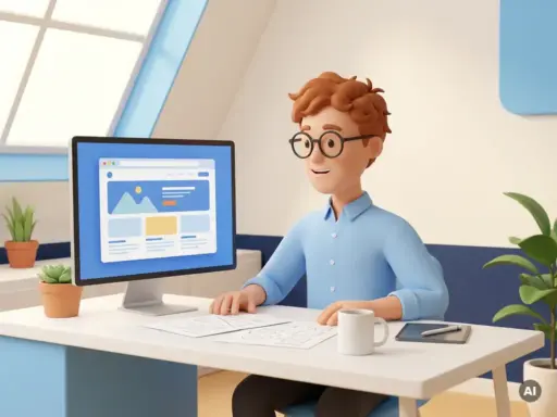Cartoon-Figur mit Brille und hellblauem Hemd arbeitet an modernem Schreibtisch mit Browser-Mockup, Skizzen und Kaffeetasse.