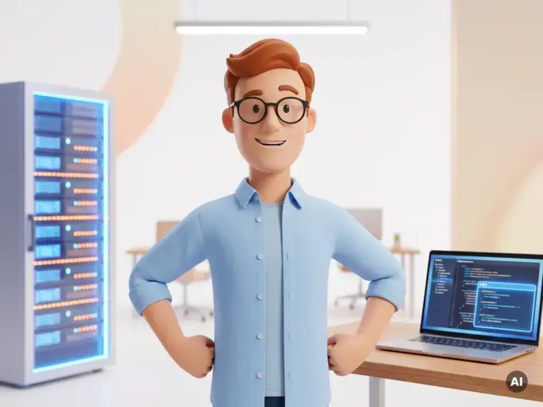 3D-Cartoon-Figur mit Brille und hellblauem Hemd steht zwischen leuchtendem Server-Rack und Laptop in moderner Webagentur.