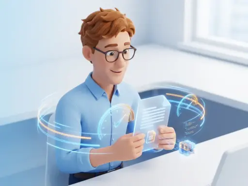 3D-Cartoon-Figur mit Brille hält komprimiertes Webseiten-Dokument, umgeben von Tacho und Code-Snippets zur Darstellung von Page-Speed-Optimierung.