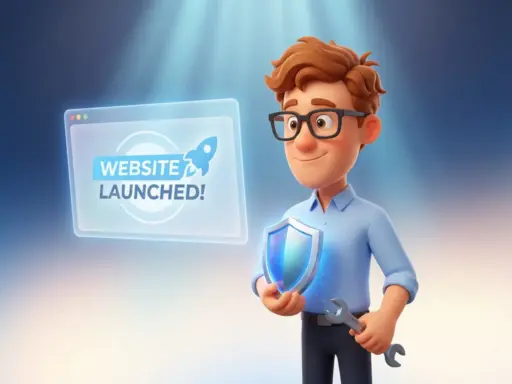 Cartoon-Figur mit Brille und hellblauem Hemd hält Schild und Schraubenschlüssel neben einem schwebenden Website-Bildschirm.