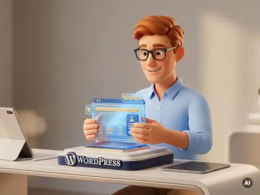 Cartoon-Mann mit Brille trägt leuchtendes Website-Modell auf WordPress-Plattform, professionelles 3D-CGI-Artwork in Blau- und Marinétönen.