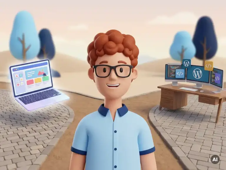 Cartoon-Figur mit Brille an einer Wegkreuzung zwischen DIY-Website-Builder und professioneller WordPress-Agentur.