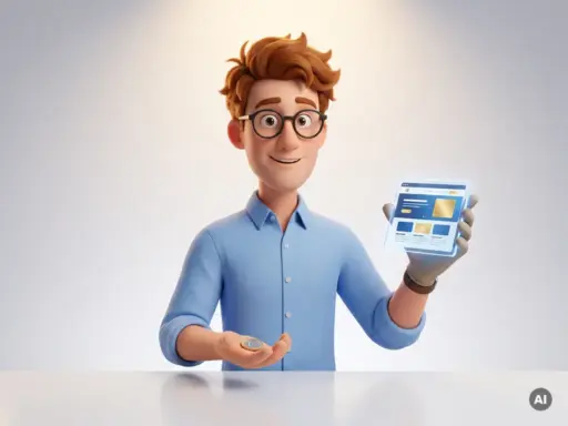 3D-Cartoon-Figur mit Brille hält Website-Mockup und Euro-Münze – Symbol für professionelle Webentwicklung zum fairen Preis.
