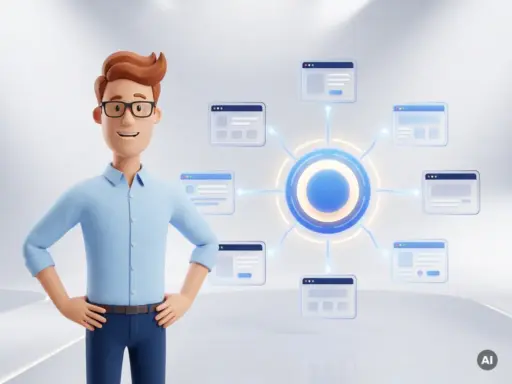 Cartoon-Figur mit Brille und hellblauem Hemd neben einem leuchtenden Website-Hub mit vernetzten Browser-Fenstern.