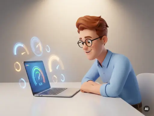 Cartoon-Figur mit Brille analysiert Website-Performance-Dashboard auf Laptop, umgeben von schwebenden Geschwindigkeitsmessern und Ladezeit-Anzeigen.