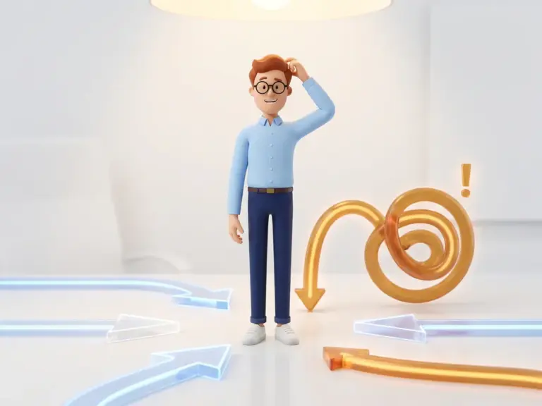 Cartoon-Figur mit Brille steht an leuchtenden Browser-Pfeil-Wegweisern, einer davon in einer Weiterleitungsschleife verwickelt.