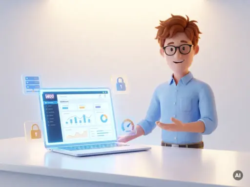 3D-Cartoon-Figur mit Brille zeigt auf leuchtendes Laptop mit WooCommerce-Dashboard, umgeben von Server- und Sicherheitssymbolen.