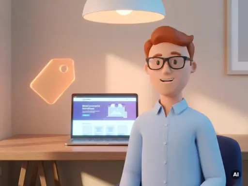 Cartoon-Figur mit Brille und hellblauem Hemd neben schwebendem Preisschild und Laptop mit WooCommerce-Shop.