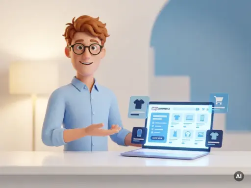 Cartoon-Figur mit Brille zeigt stolz auf einen Laptop mit WooCommerce-Shop, umgeben von schwebenden Produktkarten und Warenkorb-Symbol.