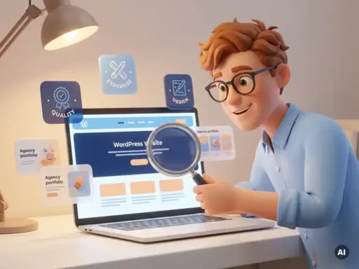 Cartoon-Figur mit Brille und Lupe untersucht WordPress-Website auf Laptop, umgeben von Qualitäts-Badges und Portfolio-Karten.