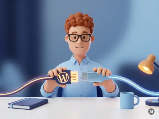 Cartoon-Figur mit Brille verbindet WordPress-Stecker mit modernem API-Konnektor auf weißem Schreibtisch.