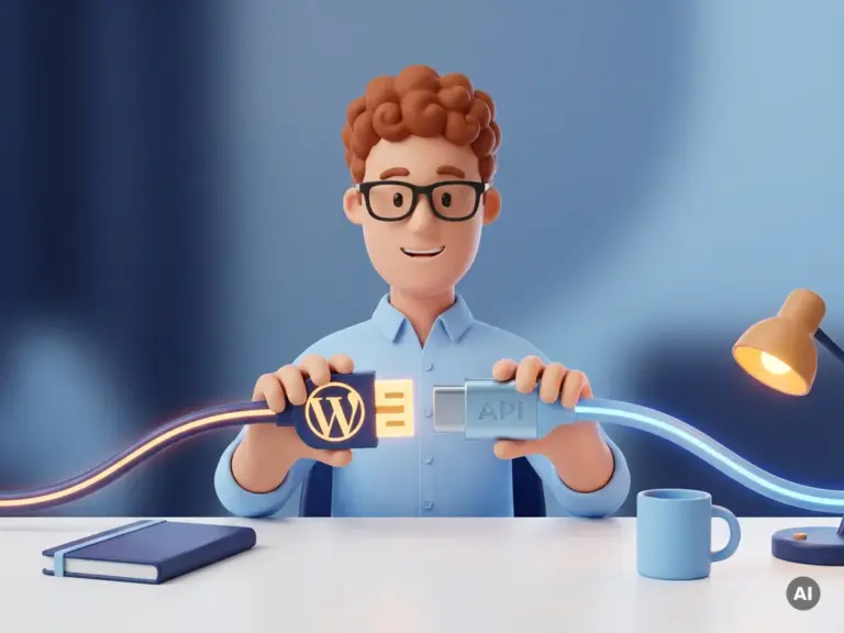 Cartoon-Figur mit Brille verbindet WordPress-Stecker mit modernem API-Konnektor auf weißem Schreibtisch.