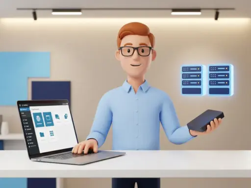 3D-Cartoon-Figur mit Brille und blauem Hemd am Schreibtisch, WordPress-Dashboard auf Laptop, externe Backup-Festplatte in der Hand.