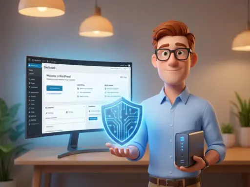 3D-Cartoon-Figur hält Schutzschild und Server-Backup-Laufwerk neben einem WordPress-Dashboard-Monitor.