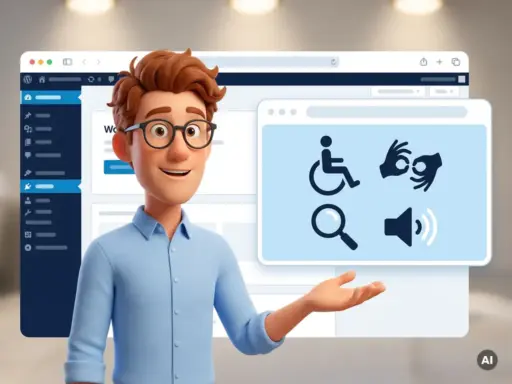 3D-Cartoon-Figur mit Brille zeigt auf Browser-Mockup mit Barrierefreiheitssymbolen im WordPress-Dashboard-Stil.