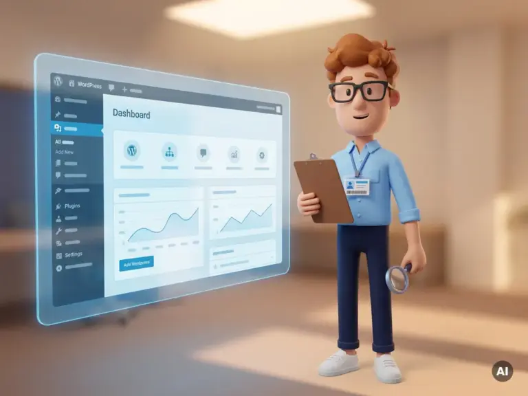 3D-Cartoon-Figur mit Brille und Klemmbrett prüft Benutzerzugänge neben einem leuchtenden WordPress-Dashboard.