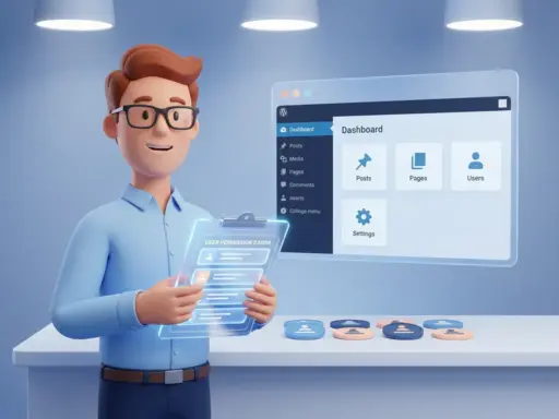 Cartoon-Figur mit Brille und blauem Hemd prüft leuchtendes Klemmbrett neben schwebendem WordPress-Dashboard mit Benutzerberechtigungen.