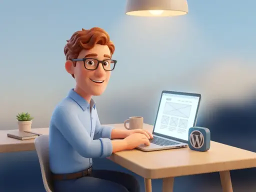 Cartoon-Figur mit Brille und blauem Hemd analysiert Website-Layout auf leuchtendem Laptop am modernen Schreibtisch.