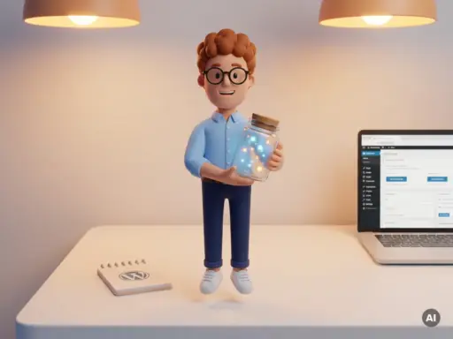 3D-Cartoon-Figur mit Brille hält leuchtendes Glasgefäß mit digitalen Partikeln, symbolisiert WordPress-Cache-Daten.