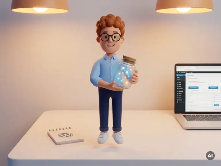3D-Cartoon-Figur mit Brille hält leuchtendes Glasgefäß mit digitalen Partikeln, symbolisiert WordPress-Cache-Daten.