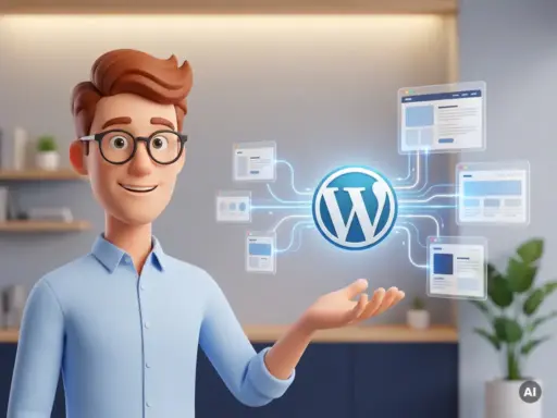 3D-Cartoon-Figur mit Brille zeigt auf leuchtendes WordPress-Logo, verbunden mit schwebenden Browser-Fenstern durch Datenflusslinien.
