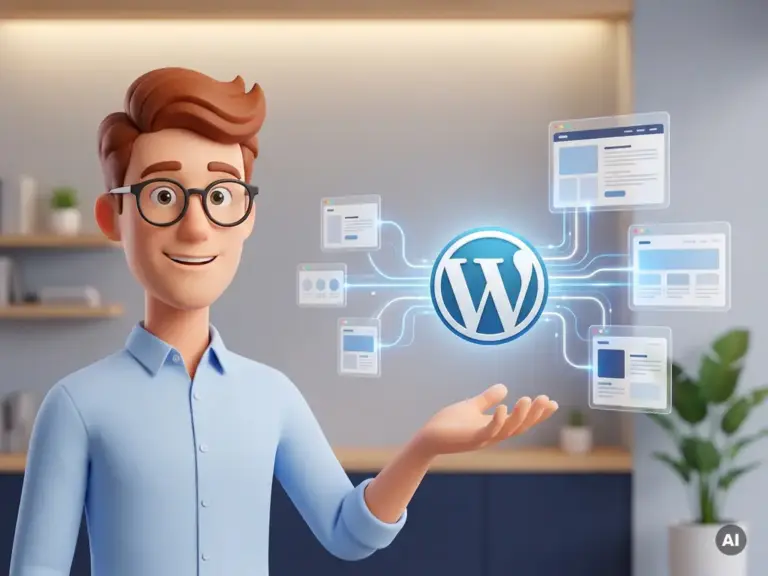 3D-Cartoon-Figur mit Brille zeigt auf leuchtendes WordPress-Logo, verbunden mit schwebenden Browser-Fenstern durch Datenflusslinien.