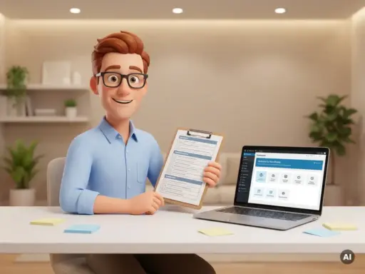 Cartoon-Figur mit Brille prüft Checkliste am Schreibtisch mit geöffnetem Laptop und WordPress-Dashboard, moderner CGI-Stil.