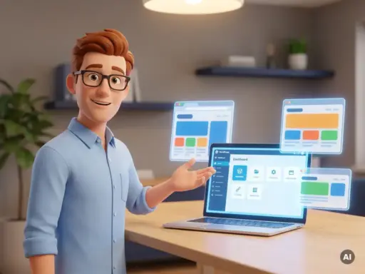 3D-Cartoon-Figur mit Brille zeigt auf leuchtendes WordPress-Dashboard, umgeben von schwebenden Browser-Fenstern und Website-Layout-Elementen.