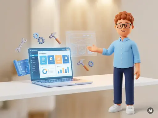 3D-Cartoon-Figur mit Brille zeigt auf leuchtendes Laptop mit WordPress-Dashboard, umgeben von schwebenden Bauwerkzeugen.