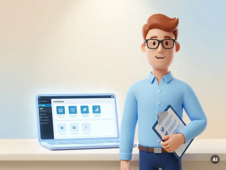 3D-Cartoon-Figur mit Brille und Klemmbrett neben leuchtendem Laptop mit WordPress-Dashboard auf neutralem Hintergrund.