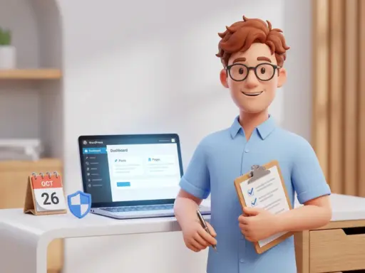 3D-Cartoon-Figur mit Brille und Klemmbrett neben leuchtendem Laptop mit WordPress-Dashboard, Kalender- und Schild-Symbol auf weißem Schreibtisch.