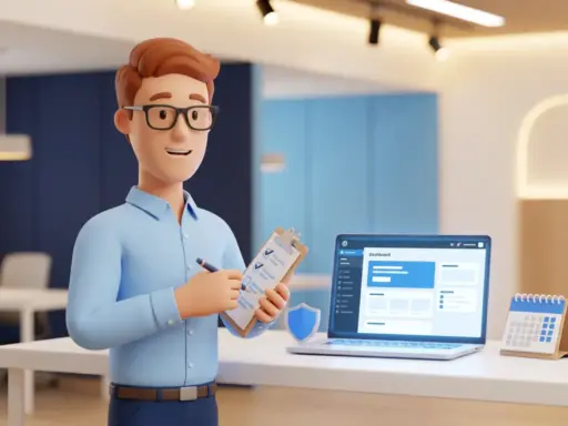 3D-Cartoon-Figur mit Brille und Klemmbrett neben einem Laptop mit WordPress-Dashboard auf weißem Schreibtisch.