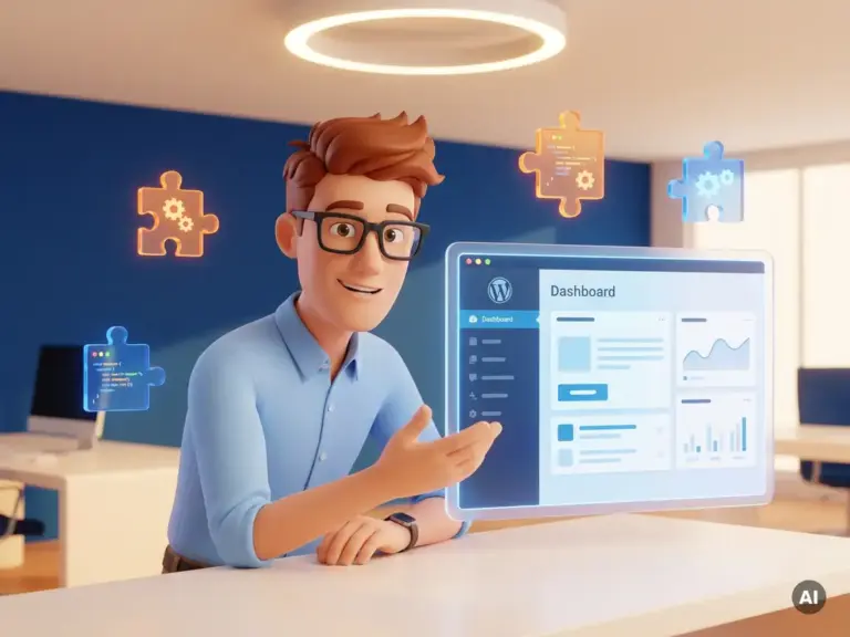 Cartoon-Entwickler mit Brille analysiert leuchtendes WordPress-Dashboard, umgeben von schwebenden Code-Puzzle-Teilen im modernen Büro.
