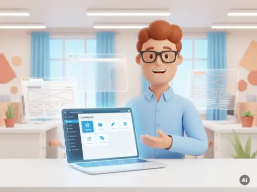 Cartoon-Figur mit Brille zeigt auf leuchtendes Laptop mit WordPress-Dashboard, umgeben von schwebenden Browser-Fenstern und Website-Wireframes.