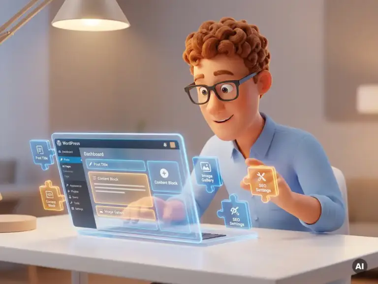 3D-Cartoon-Figur mit Brille und hellblauem Hemd beugt sich über ein leuchtendes WordPress-Dashboard mit schwebenden Feldblöcken.