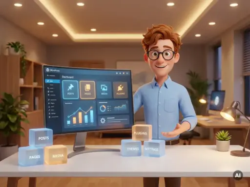 Cartoon-Figur mit Brille zeigt auf leuchtendes WordPress-Dashboard, umgeben von gestapelten Content-Blöcken auf modernem Schreibtisch.