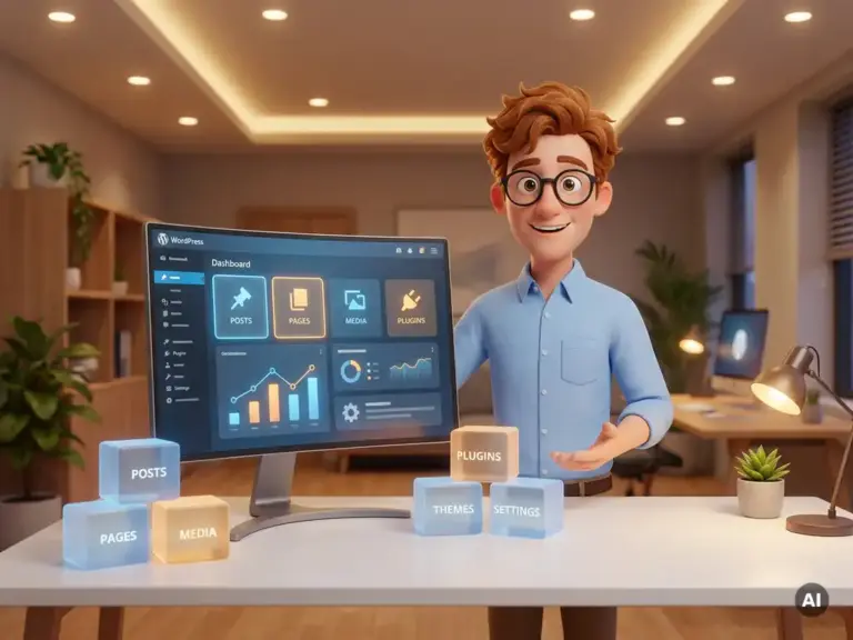 Cartoon-Figur mit Brille zeigt auf leuchtendes WordPress-Dashboard, umgeben von gestapelten Content-Blöcken auf modernem Schreibtisch.